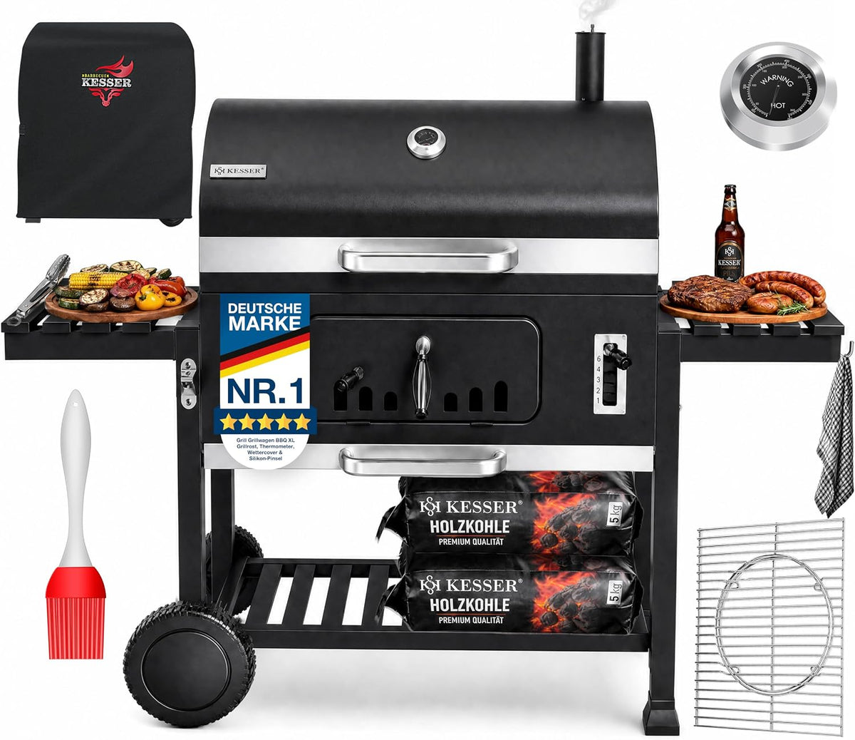 KESSER Holzkohlegrill, Grau, XXL Grillwagen Set mit Deckel & Thermometer, großer BBQ Kohlegrill Wagen, Smoker Grill mit Kamin & Lüftung