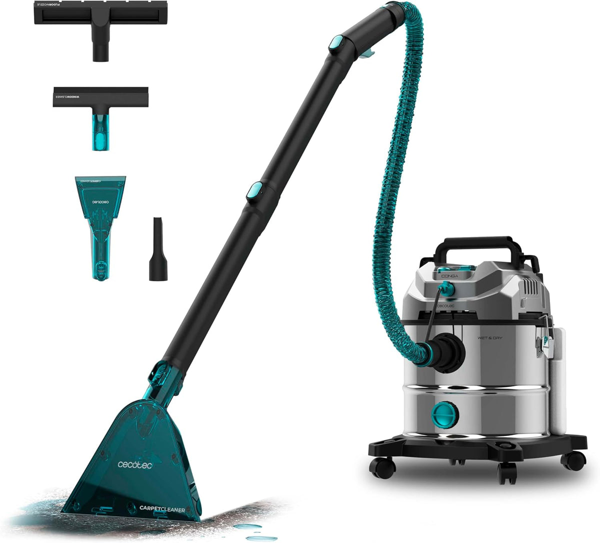 Cecotec Staubsauger, 1600 W, 20 L, 7m, Schwarz/Silber/Türkis, für Feststoffe, Flüssigkeiten, Polster und Teppiche mit Kabel Conga CarpetClean 20000