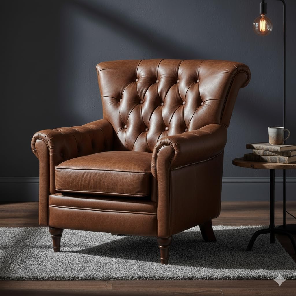 Phoenixarts Lounge- & Cocktailsessel, Braun, Chesterfield Ledersessel Echtleder, Vintage Leder Clubsessel, Chesterfield Sessel