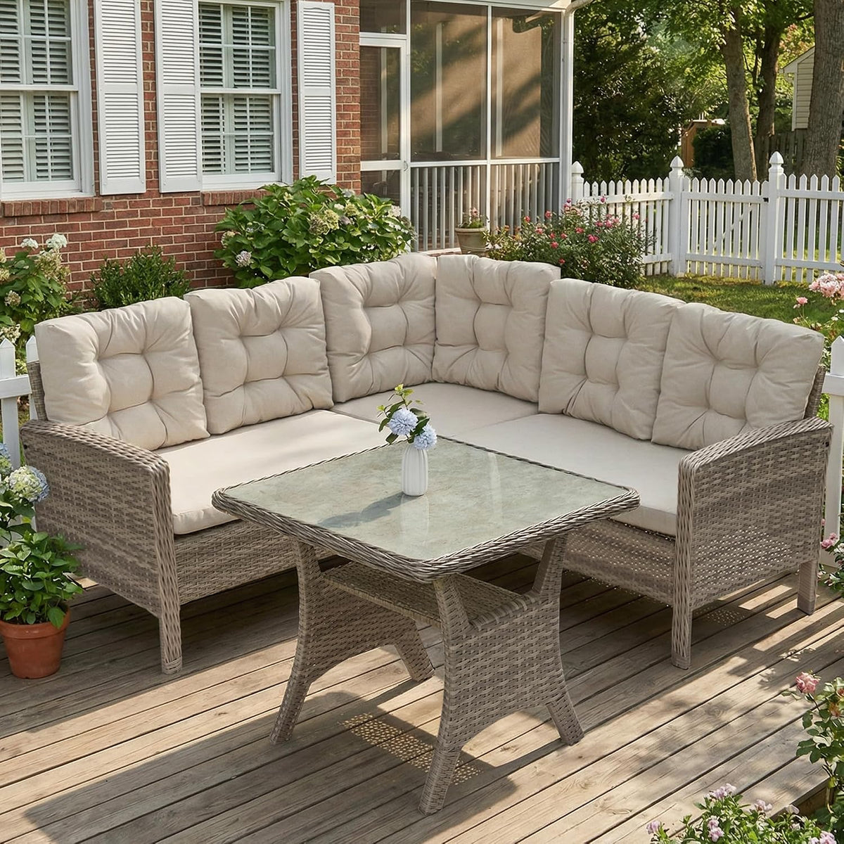 Gartenmöbel-Set COMLAX FIELD, Beige, Rattan Gartenmöbel Set, Gartenlounge mit Esstisch, Balkonmöbel Wetterfest