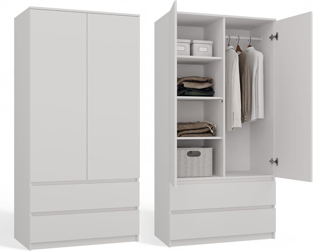 Kleiderschrank CDF, 90 cm, Weiß, Breit Kinderzimmer Schlafzimmer 2 Schubladen 2-türig