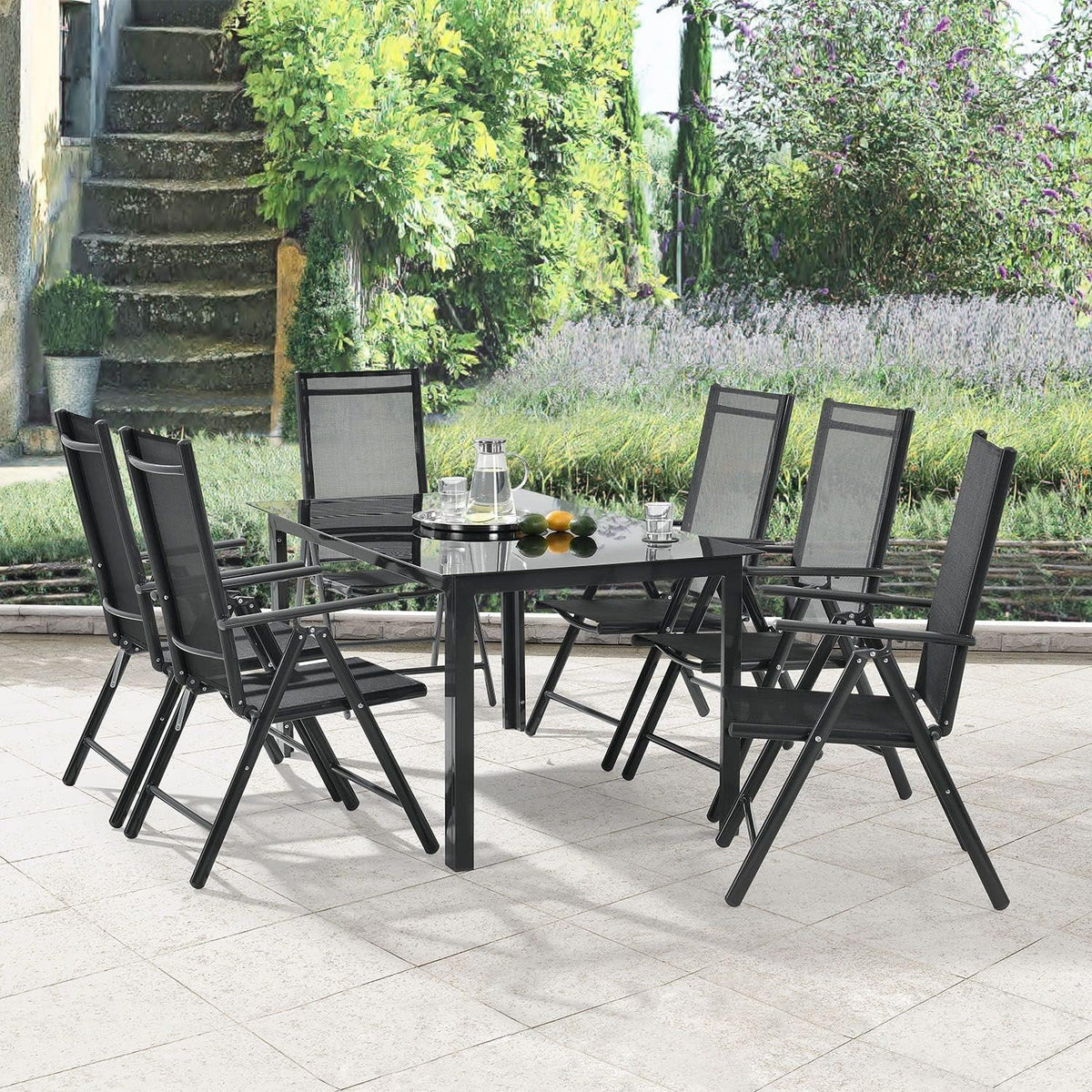 Gartenmöbel-Set Juskys, Grau, Gartengarnitur, Gartengarnitur Milano 7-teilig, Gartenmöbel Set mit Tisch & 6 Hochlehner Stühlen