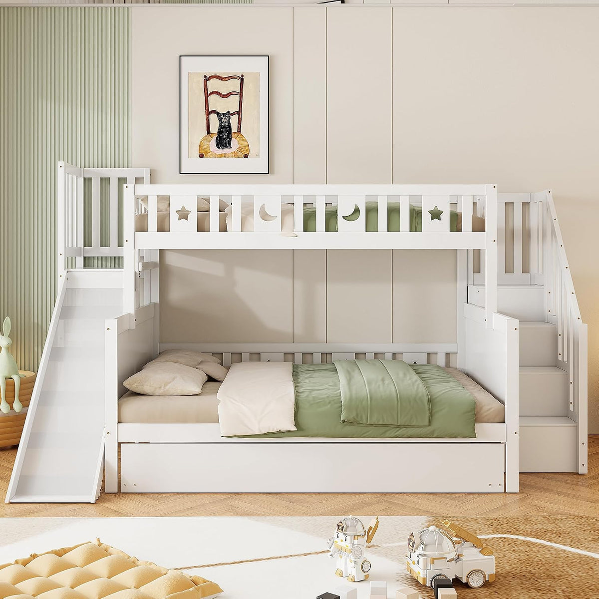 Jovify Bett, 140x200 cm, Weiß, Etagen Kinder 90x200 &, Multifunktions mit Rutsche und Lagerregal, Hoch mit Auszieh und Treppe