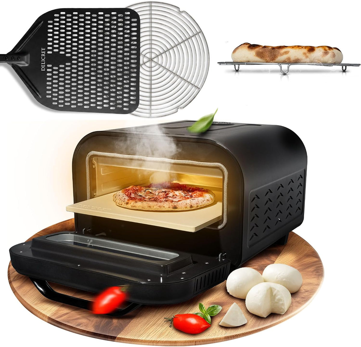 delicret the delicate secrets of the world Pizzaofen, Schwarz, elektrischer 12' - bis zu 450℃ - 1700 Watt