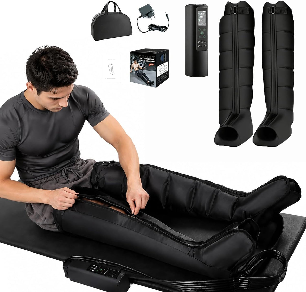 Huachorial Fußmassagegeräte, Schwarz, Beinmassagegerät Luftkompression mit Pressotherapie Funktion, 12 Massageprogramme