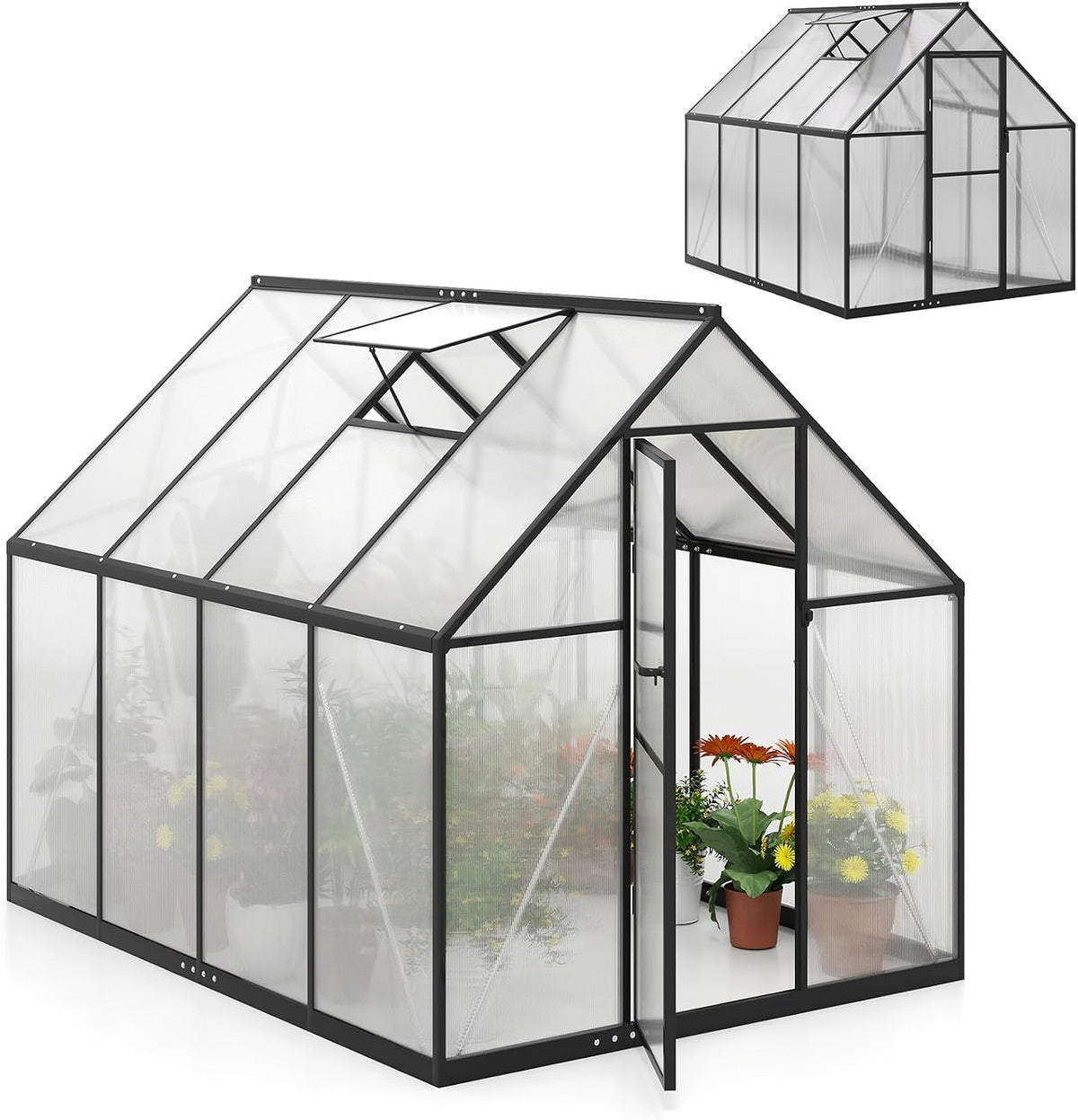 HOMASIS Dachfenster, 250x190x195 cm, Schwarz/Transparent, Gewächshaus Aluminium mit Fundament, Gartenhaus mit & Tür