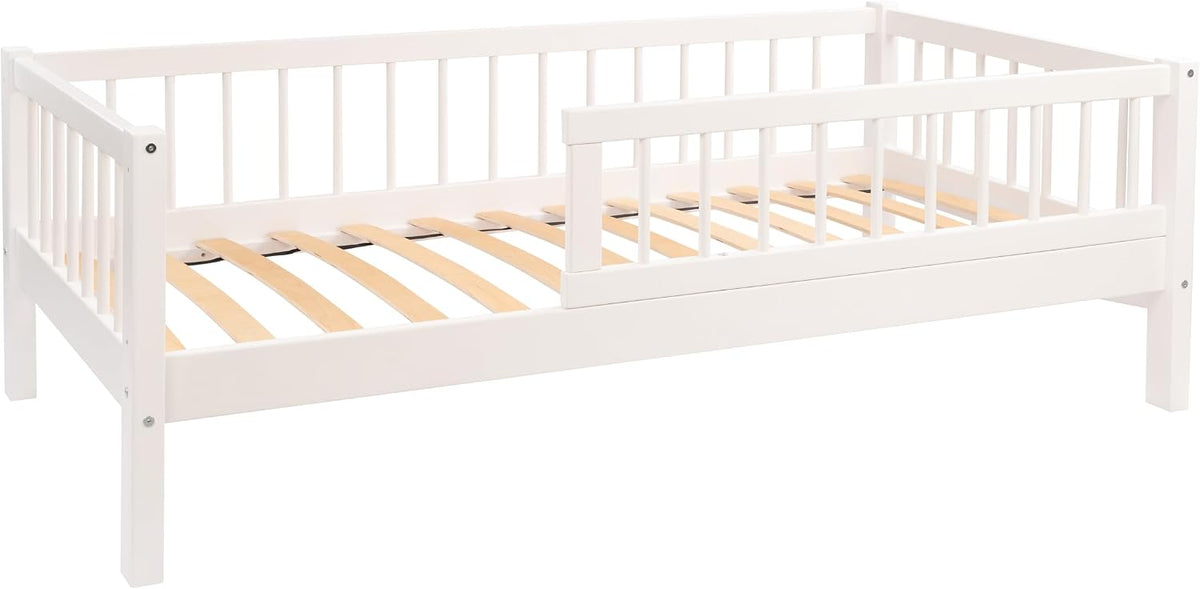 Alije Bett, Grau, Kinder mit Rausfallschutz 60x120 Weiß NINA Lattenrost