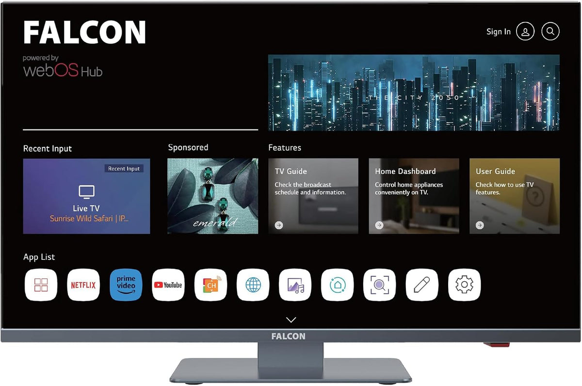 Falcon Fernseher, 22 Zoll, 12 V, 24 V, Schwarz, Full HD LED LG WebOS SMART WiFi Camping Wohnmobil /, DVD Player, Bluetooth