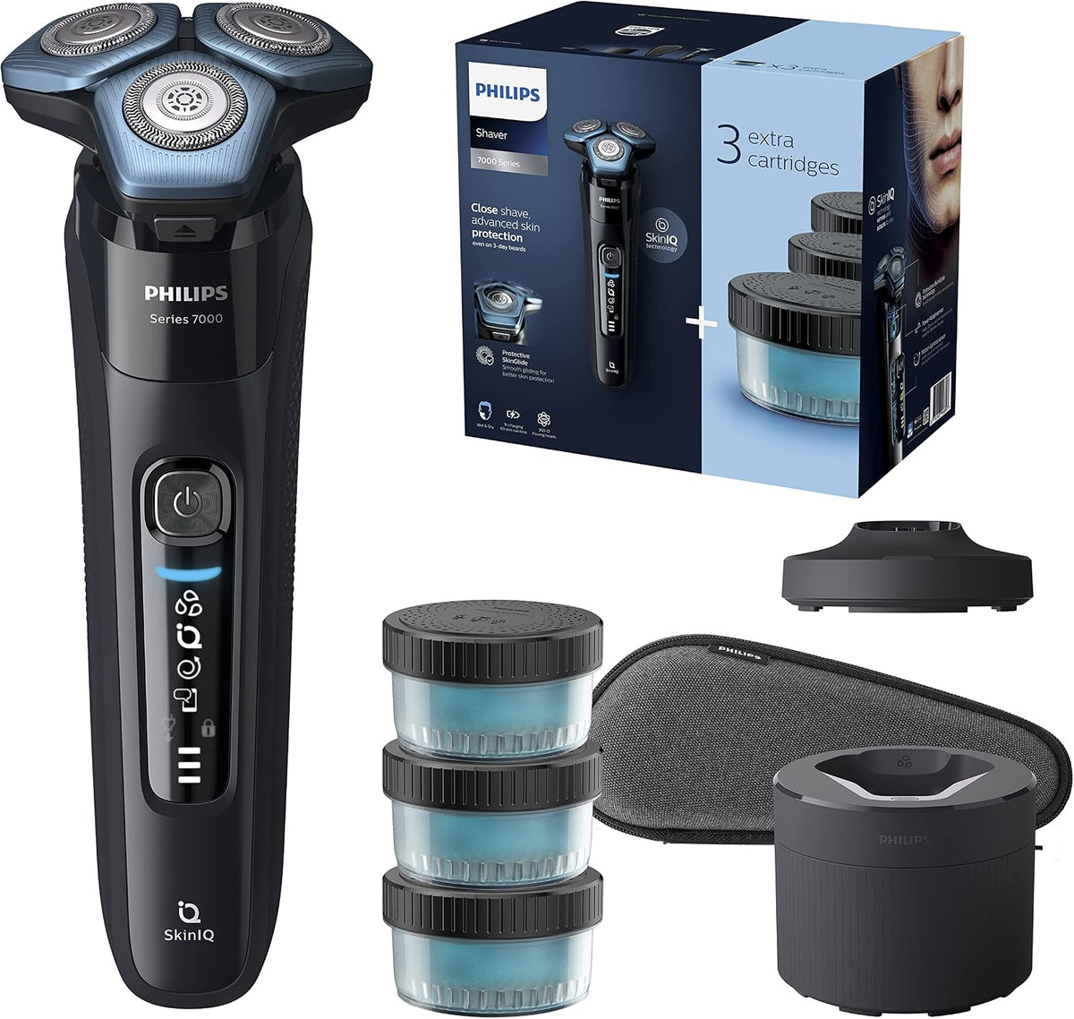 PHILIPS Elektrorasierer, Schwarz, Shaver Series 7000 - Elektrischer Nass- und Trockenrasierer, Reinigungsstation