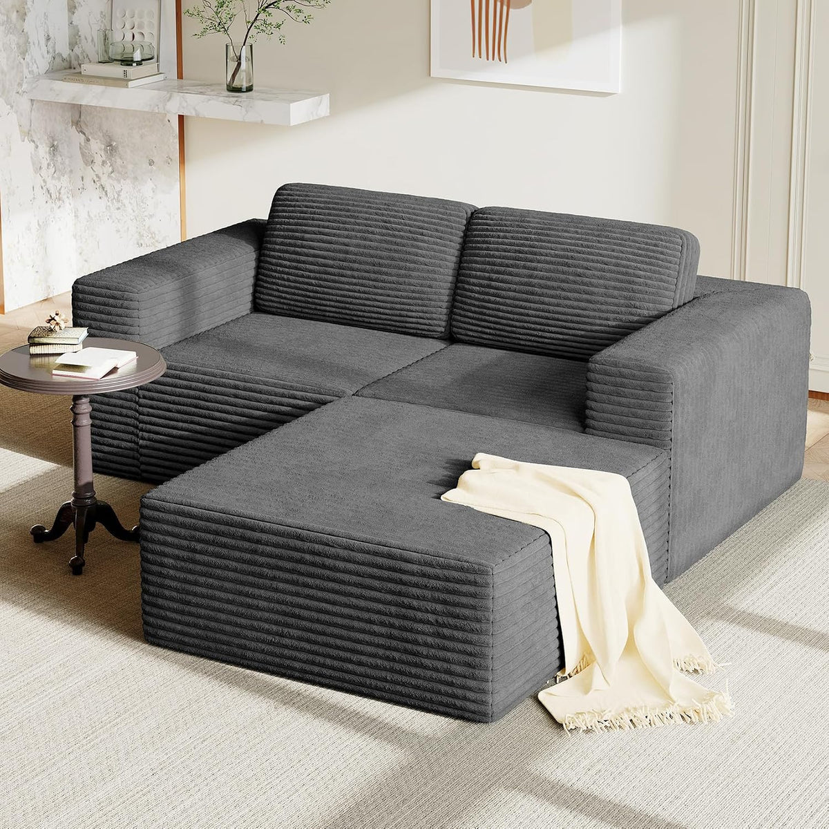 Sofa Vesgantti, 202 cm, Grau, Modulares Eck L-Form, 2-Sitzer Cord mit Federkern, Extra Tiefe Sitzfläche, Komfortables Polster mit Ottomane