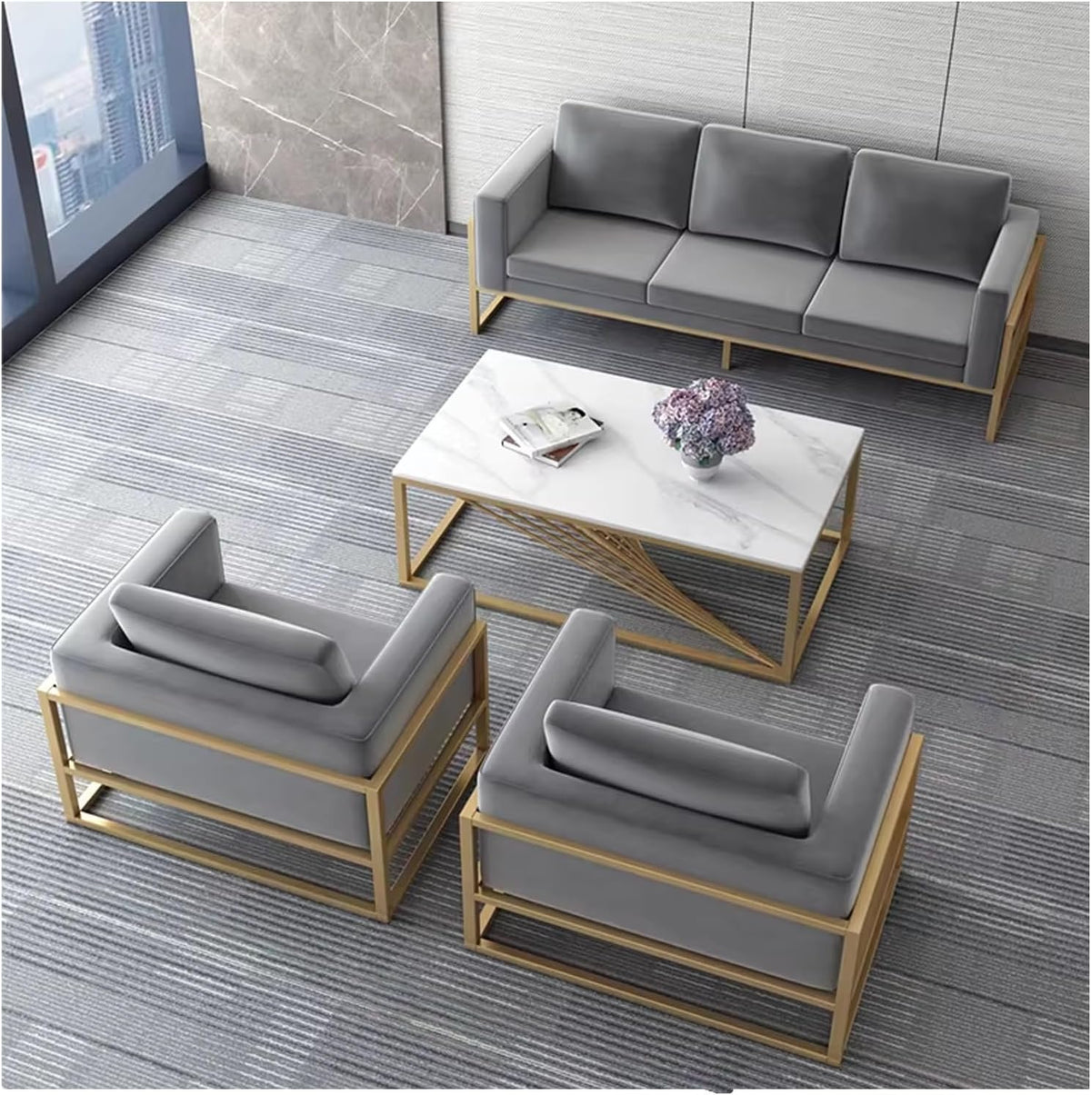 Sofa KIBONCY, Grau/Gold/Weiß, Moderne Graue Samt- -Couch, Bequemer Lounge-Möbelsitz Mit Metallrahmen, Dickem, Weichem Kissen Und Couchtisch-Set