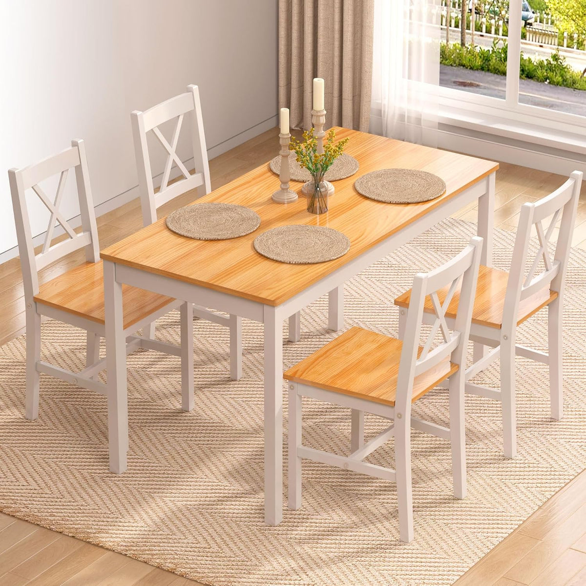 SogesPower Esstisch, Natur, Essgruppe für 4 Personen, mit 4 Stühlen, Küchentisch Set aus Holz, Esszimmertisch und Stühle