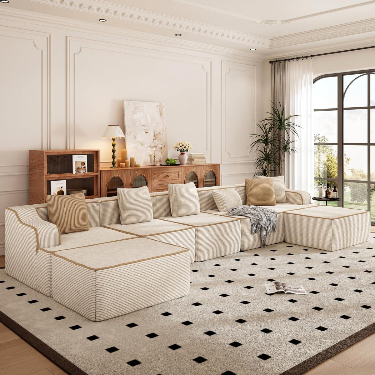 PHI VILLA Sofa, Beige, Eck mit Schlaffunktion Cloud Boneless Couch, Wohnlandschaft U Form Modulares Wohnzimmer Cord Keine