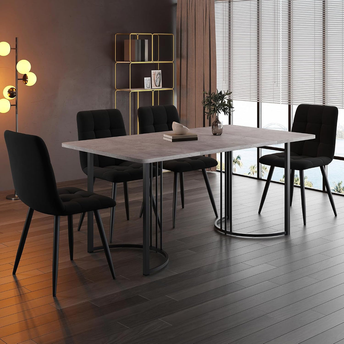 Modernes Essgruppe, Schwarz/Grau, Esszimmer-Set mit 4 Samtstühlen, stabile Metallbeine, Marmoroptik, Tischplatte für Küche und Esszimmer