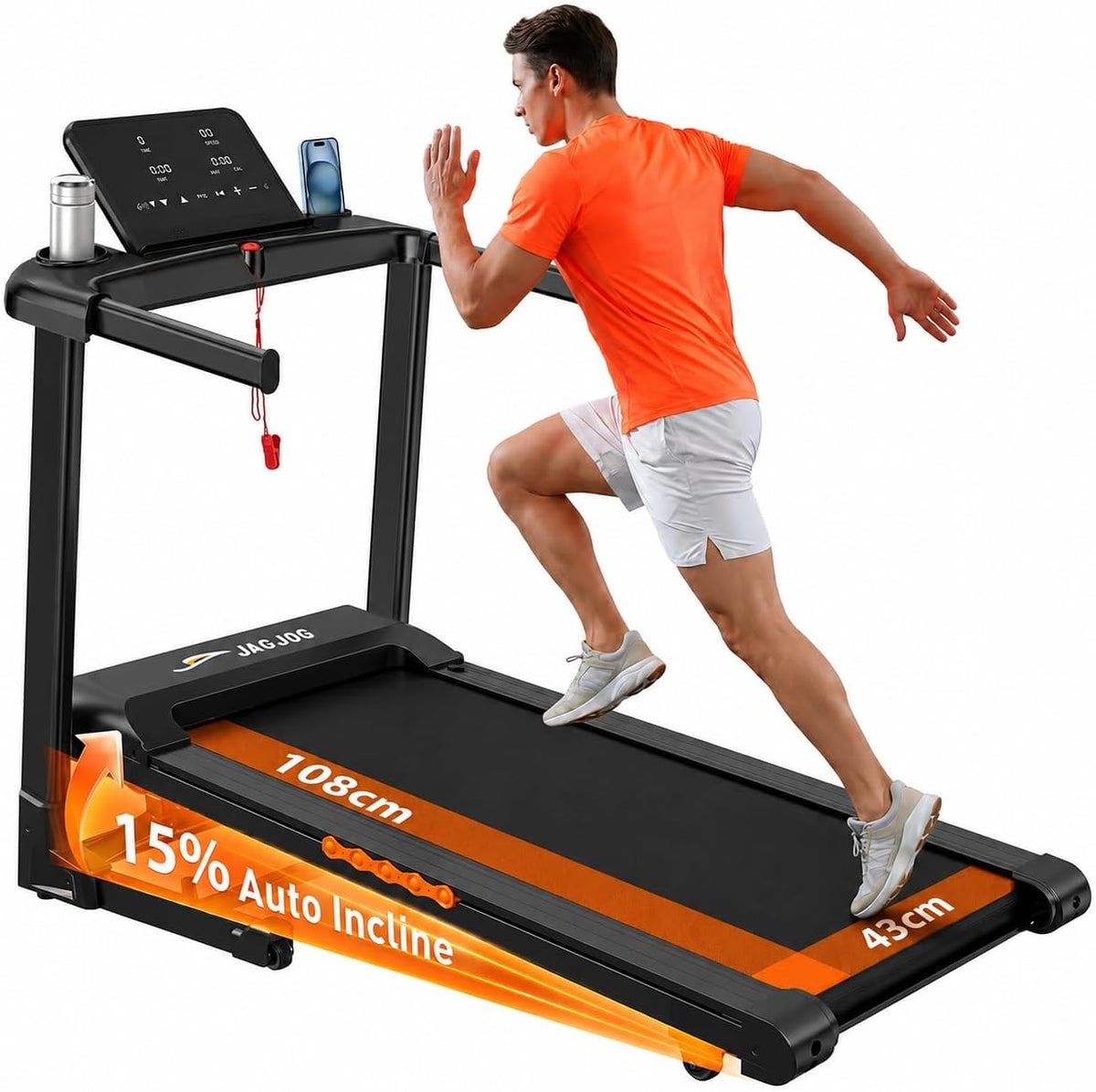 JAGJOG Bett, 136 kg, Schwarz/Orange, Laufband mit 1-14 km/h Geschwindigkeit für Flexibles, 15% Auto-Steigung, 3-PS-Motor