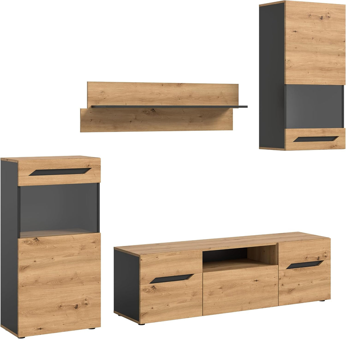 Wohnwand furnling, 253 cm, Braun, Cavera, 4-teilig, mit 2 Vitrinen, Lowboard & Wandboard, Breite ca., Artisan Eiche Nachbildung
