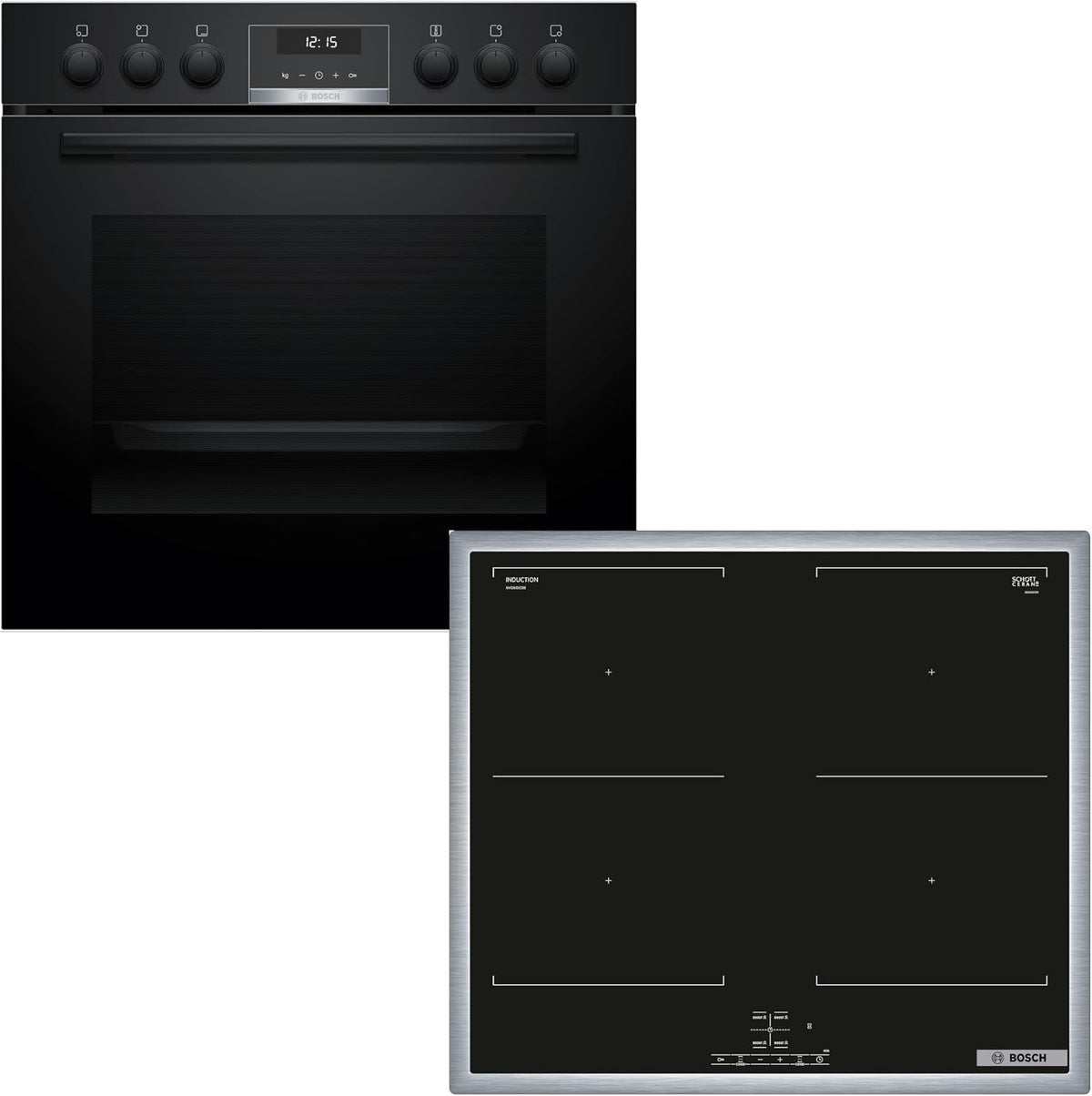 Bosch Kochfeld, 60 cm, Schwarz, Einbauherd-Set HND617LS67, Serie 6 Einbau-Herd mit Backwagen, Reinigungshilfe und 3D-Heißluft HEB517BB4