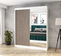 A&J MöbelLand Kleiderschrank, 120 cm, Weiß/Braun, Schwebetürenschrank MIT mit Spiegel & Holzlamellen (Weiß)