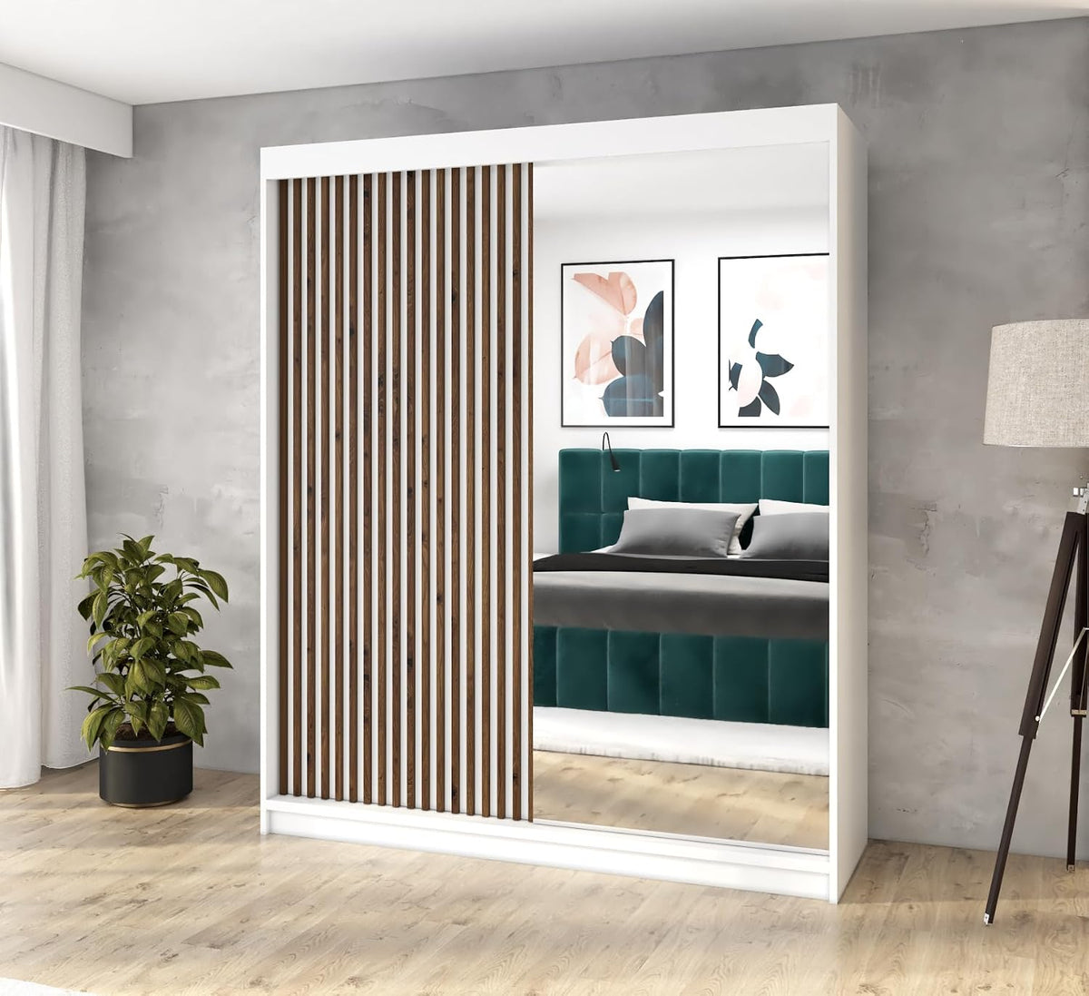 A&J MöbelLand Kleiderschrank, 120 cm, Weiß/Braun, Schwebetürenschrank MIT mit Spiegel & Holzlamellen (Weiß)
