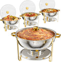Warmounts Buffetschrank, 8,5 L, Gold/Silber, Chafing Dish 4er Set Gold & Silber, Speisenwärmer Buffet Rund Edelstahl mit Glasdeckel