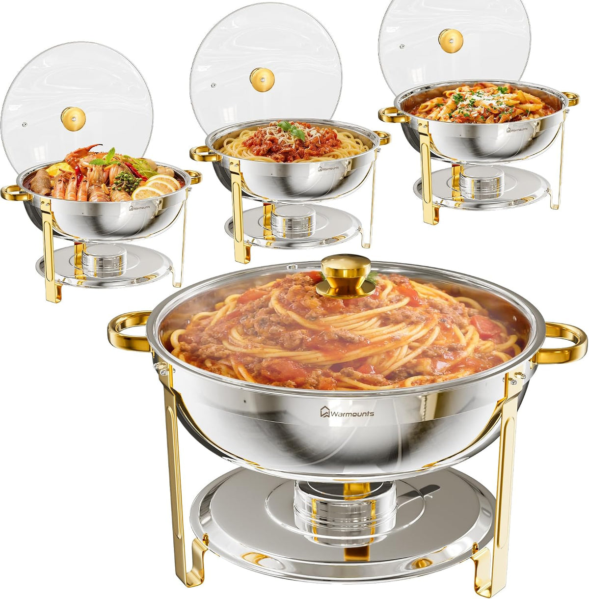 Warmounts Buffetschrank, 8,5 L, Gold/Silber, Chafing Dish 4er Set Gold & Silber, Speisenwärmer Buffet Rund Edelstahl mit Glasdeckel