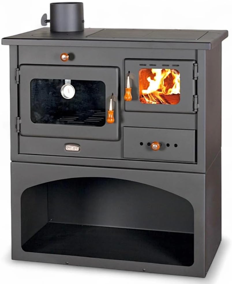 CasaNovae24 Backofen, Silber, Prity 1P34 Holzofen mit, linksöffnend, Türscharnier links, Gusseisen-Oberseite, CE-zertifiziert