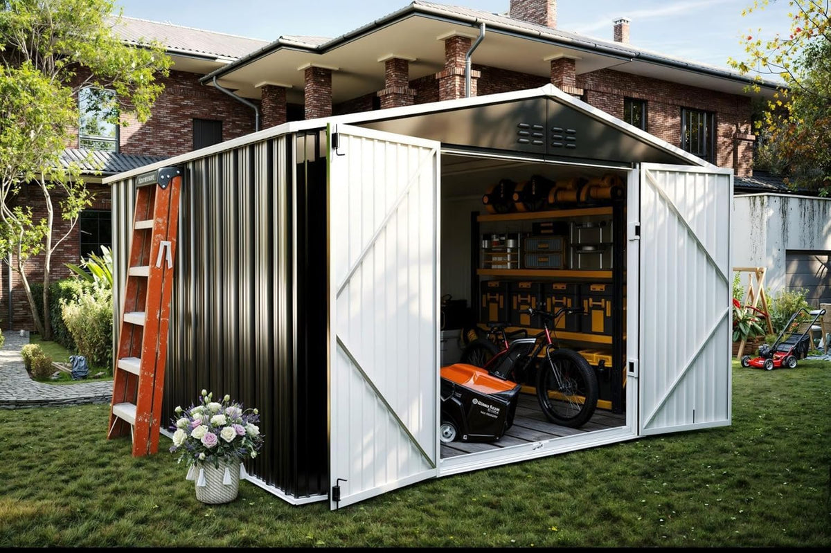 Gerätehaus UDPATIO, 250 x 248 x 194 cm, 10 m, Dunkelgrau/Weiß, Metall Gartenhaus mit ³, Pultdach - für den Außenbereich