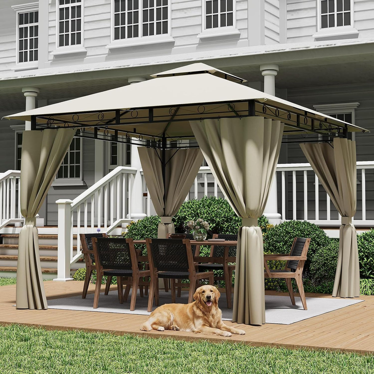 JUMMICO Pavillon, Beige, Garten 3x3m Doppeldach, 3x3 wasserdicht stabil, Geeignet für Garten und Terrasse, mit verstärkten Bodenankern