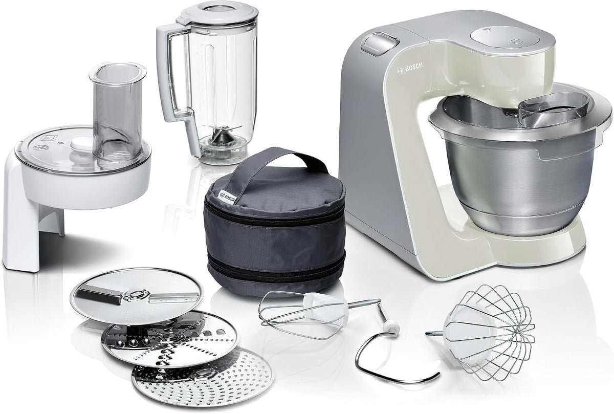 Bosch Heißluftfritteuse, 1,25 L, 1000 W, 3,9 L, grau, Küchenmaschine Serie 4, Edelstahl-Schüssel, Knethaken, Schlag- und Rührbesen Edelstahl