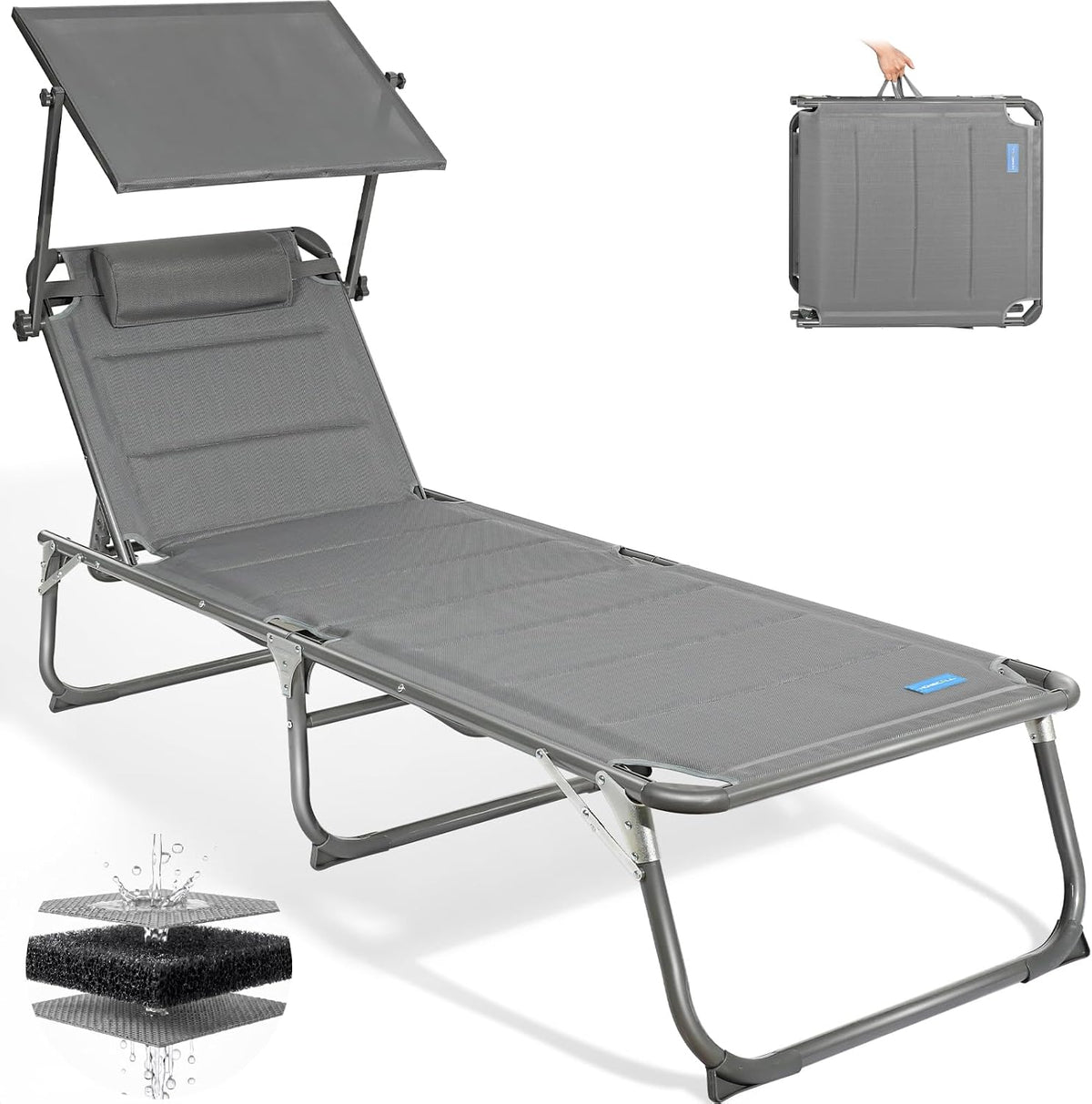 Homecall Liegen, 200x70 cm, 180 kg, Mehrfarbig, Sonnenliege Klappbar mit Dach, Kopfstütze