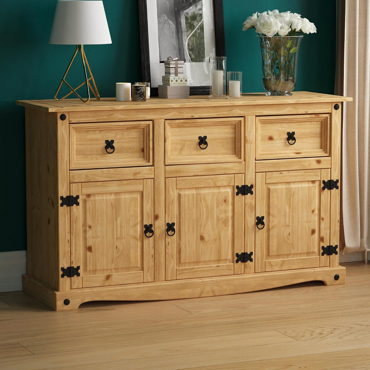 Vida Designs Sideboard, Weiß, Corona mit 3 Türen und 3 Schubladen, massives Kiefernholz, für Wohnzimmer, Esszimmer