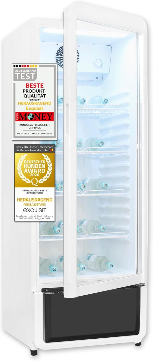 Exquisit Getränkekühlschrank, 240l, Weiß, Glastürkühlschrank, mit LED, Umluft, 4 verstellbare Ablagen, CoolPro