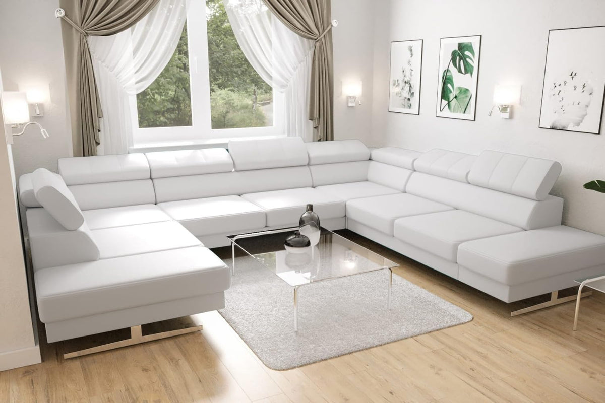 Sofa Friderik, 300X350X220 cm, Weiß, Eck Emporio MAX I Leder verstellbare Kopfstützen Silberne, Rechts)