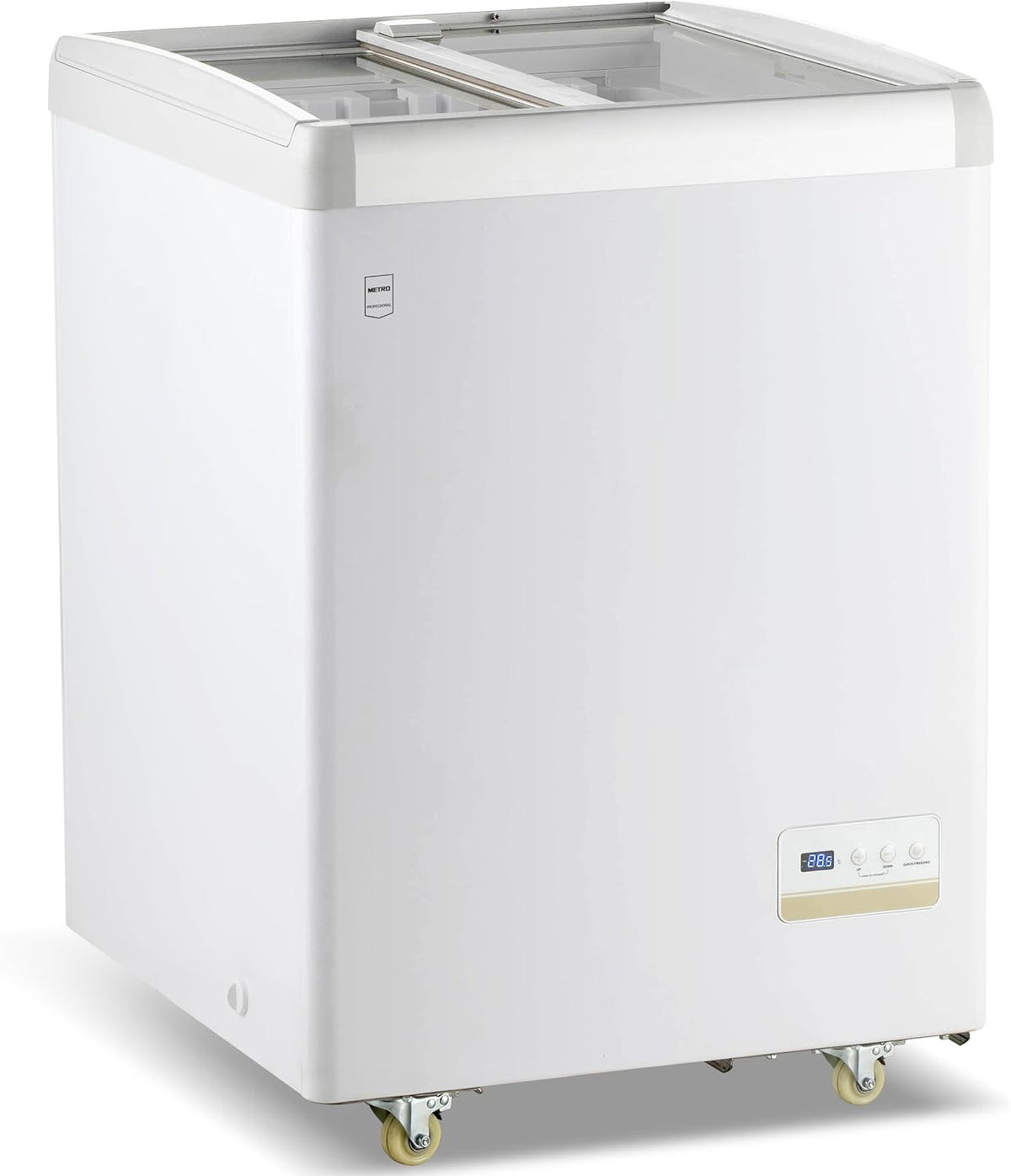Wohnzimmerschrank METRO, 120 L, Weiß, Professional Tiefkühlvitrine GICC1108, Tiefkühltruhe mit Glasschiebetür, 2 Ablagekörbe