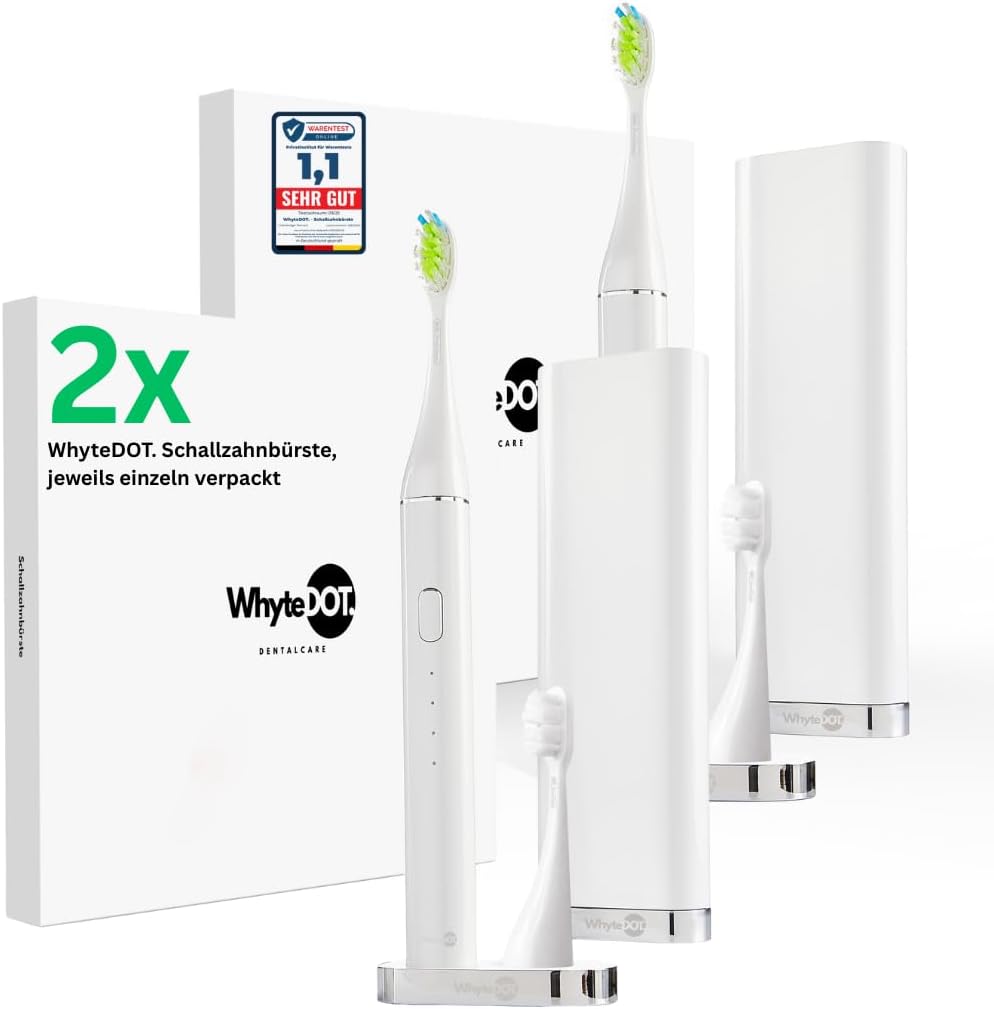 WhyteDOT. Schall, Schwarz, Doppel-Set, elektrische Zahnbürste, leise & sanft, 2 Bürstenköpfe: gründlich & sensitiv