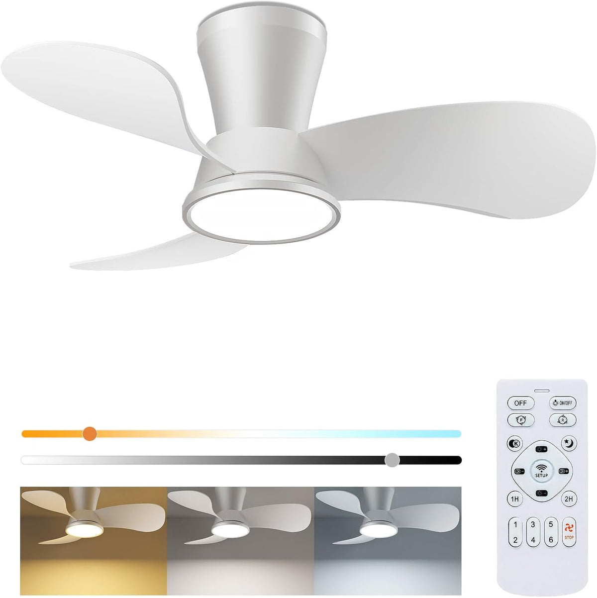 slochi Deckenventilator, 30 dB, 77 cm, Weiß, Leiser mit Beleuchtung, Durchmesser Großem Luftvolumen mit Fernbedienung Timing