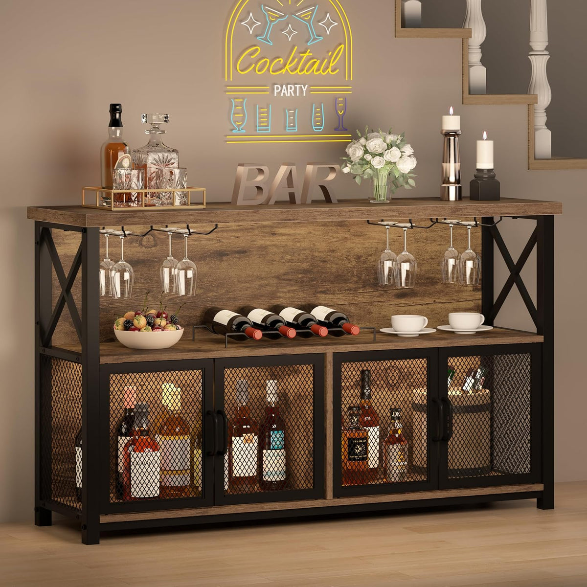 LVB Sideboard, Braun, Industrieller Kaffeebar-Schrank, Bauernhaus-Weinbarschrank für Likör und Gläser, Metall-Holz