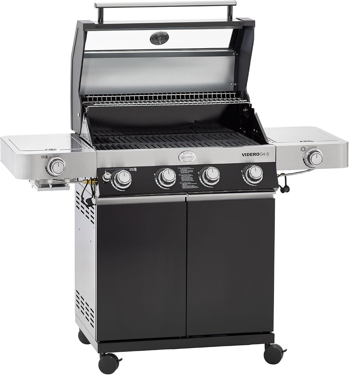 RÖSLE Gasgrill, Schwarz, BBQ-Station VIDERO G4-S, Grill mit 4 Edelstahlbrennern, extra Primezone und Seitenbrenner