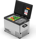PLUG IN FESTIVALS Kompressor, 32 Liter, 230v, 12v, Silber/Schwarz, elektrische Kühlbox - 2 Fächer Kühlbox - bis -20 Grad &