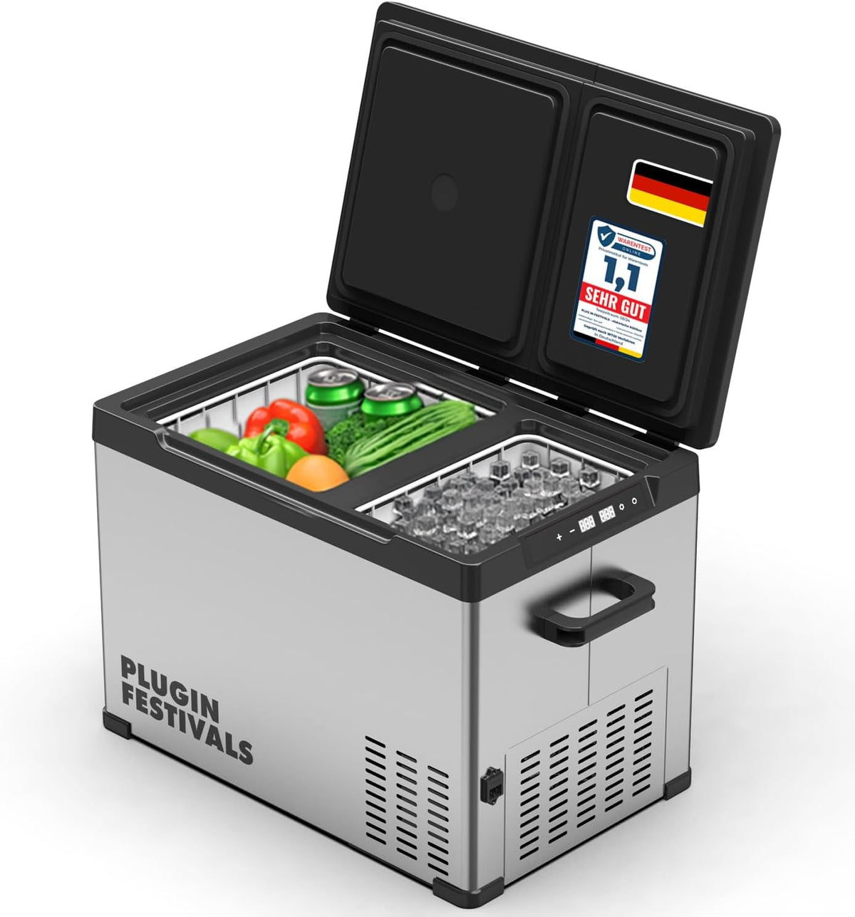 PLUG IN FESTIVALS Kompressor, 32 Liter, 230v, 12v, Silber/Schwarz, elektrische Kühlbox - 2 Fächer Kühlbox - bis -20 Grad &