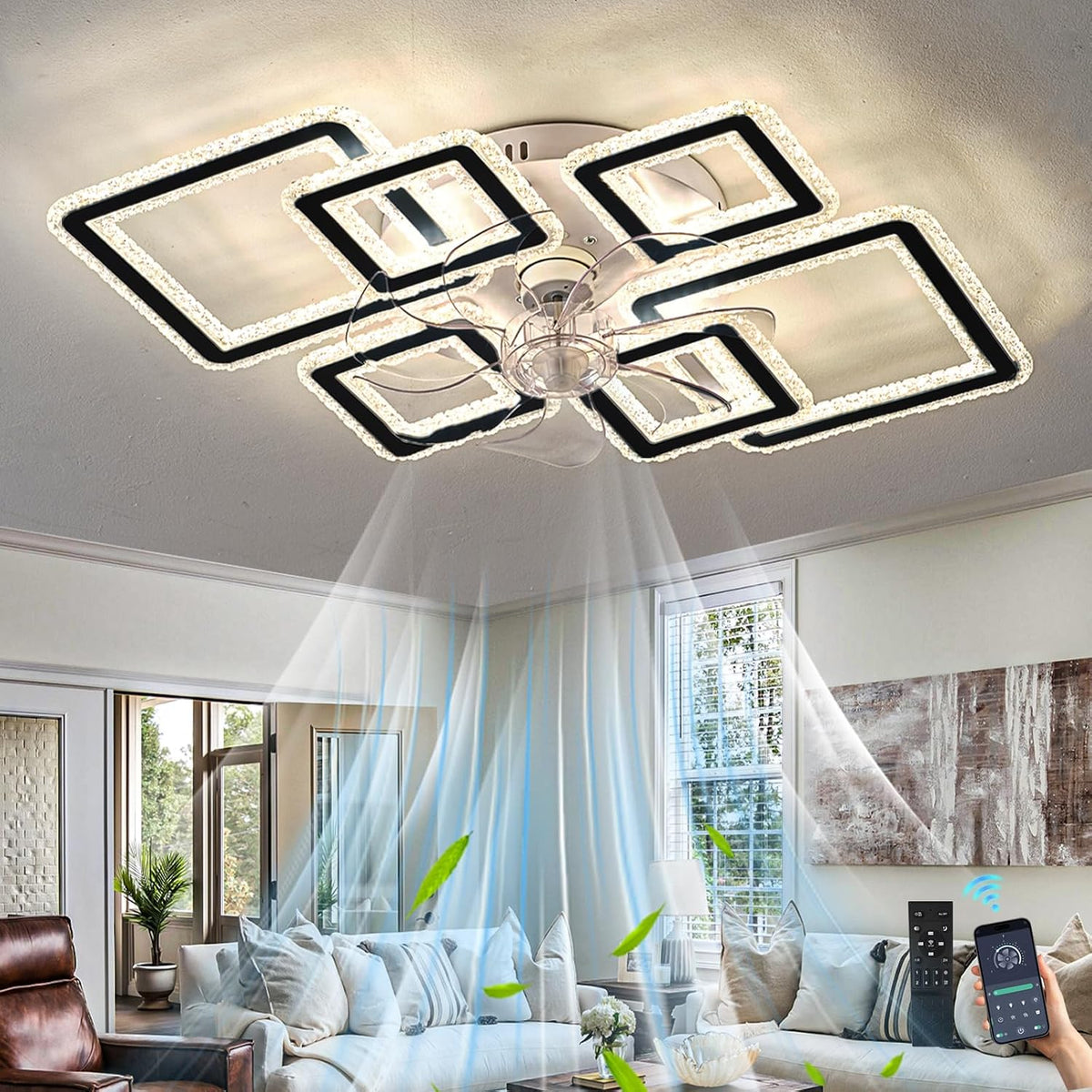 lnrosy Deckenventilator, 84 cm, Schwarz, Lampe mit Ventilator und Fernbedienung, Modernes Intelligentes Ventilator Licht