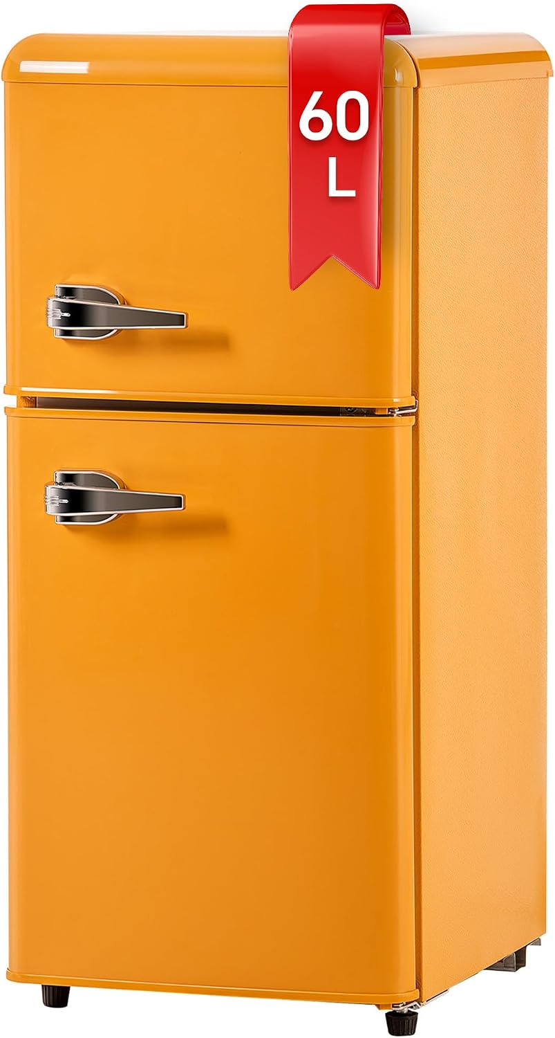 DRIXNO Kühlschrank, 60 Liter, 22 Liter, 86,8 cm, 45,5 cm, Orange, Retro- . Gefrierkombination. hoch, breit, zweitürig
