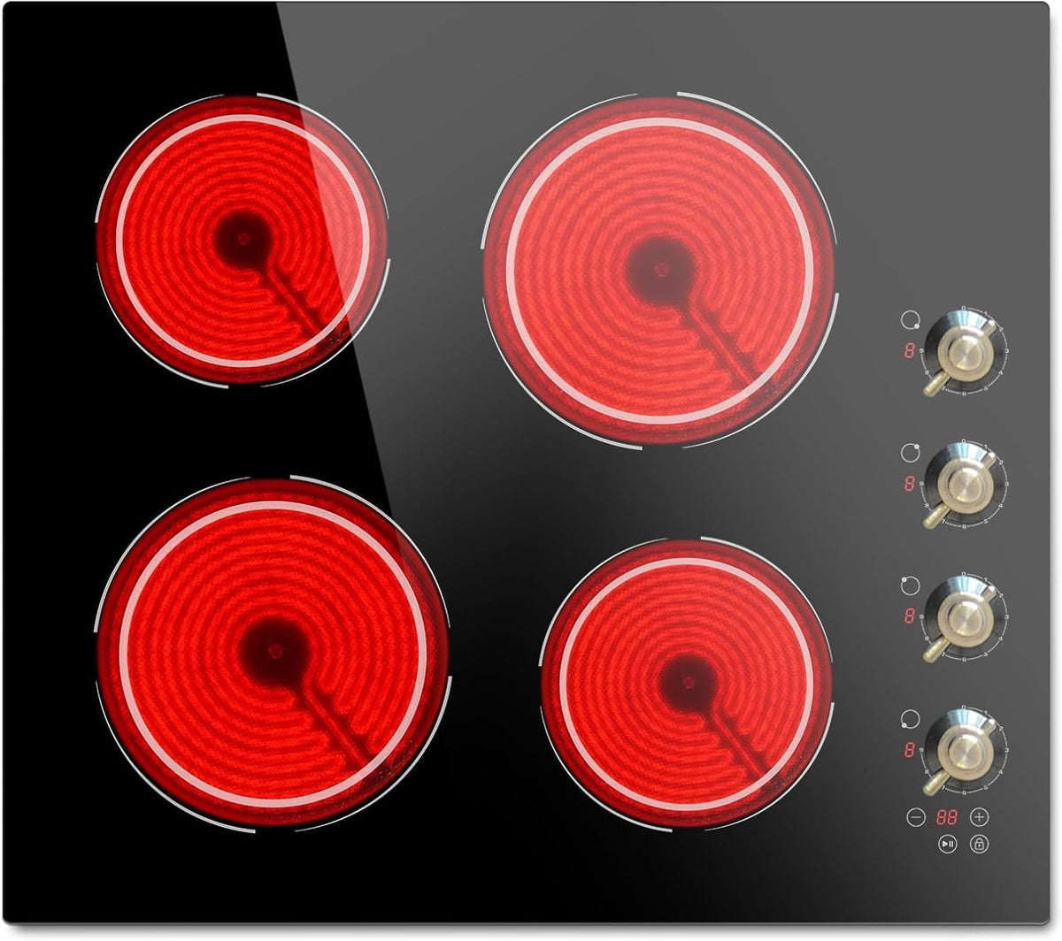 Disaenvir Kochfeld, 60 cm, 6000 W, Schwarz/Rot, Glaskeramik mit Drehknopf, Einbau mit 4 platten Autark Herdplatte 4 er 9
