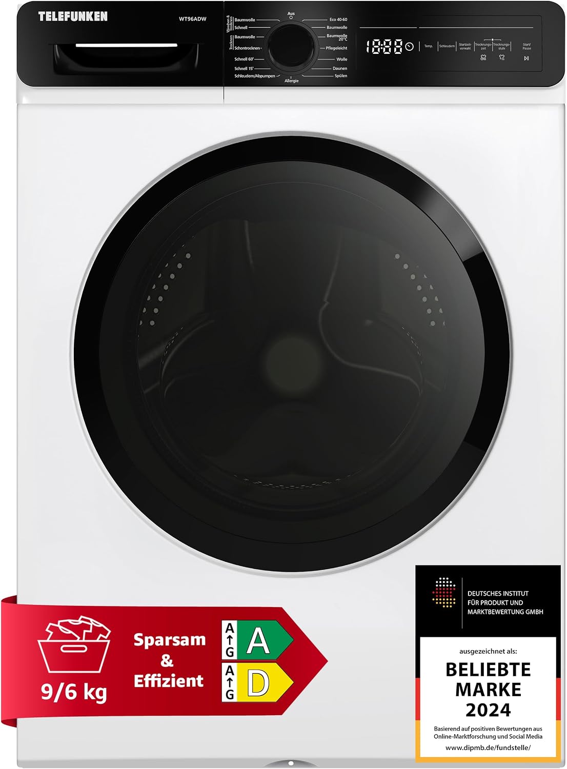 TELEFUNKEN Wäschetrockner, 9 kg, 6 kg, Weiß/Schwarz, Waschtrockner, Waschen / Trocknen, Waschmaschine mit Trockner integriert