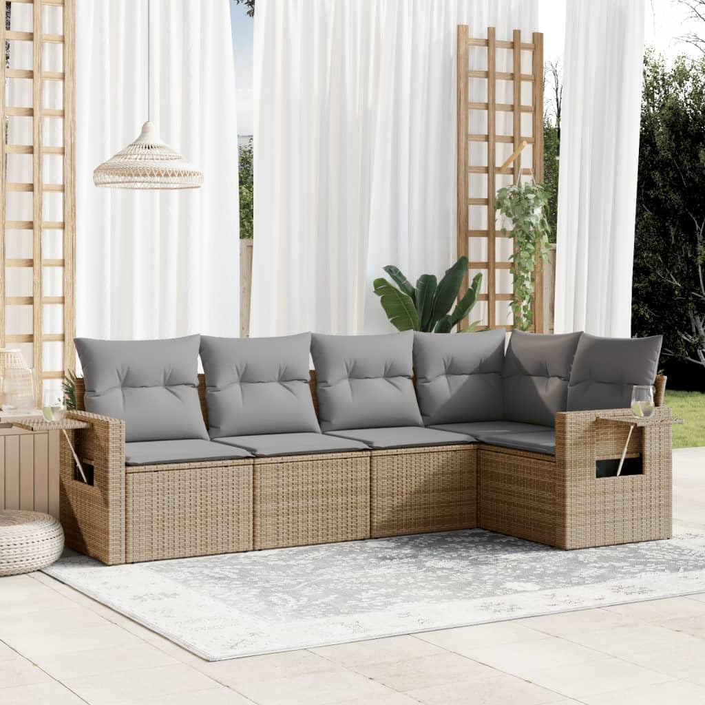 Gartenmöbel-Set ZEYUAN, Beige, 5-TLG. Garten-Sofagarnitur mit Kissen Poly Rattan, Lounge Gartenmöbel Set, Möbelsets