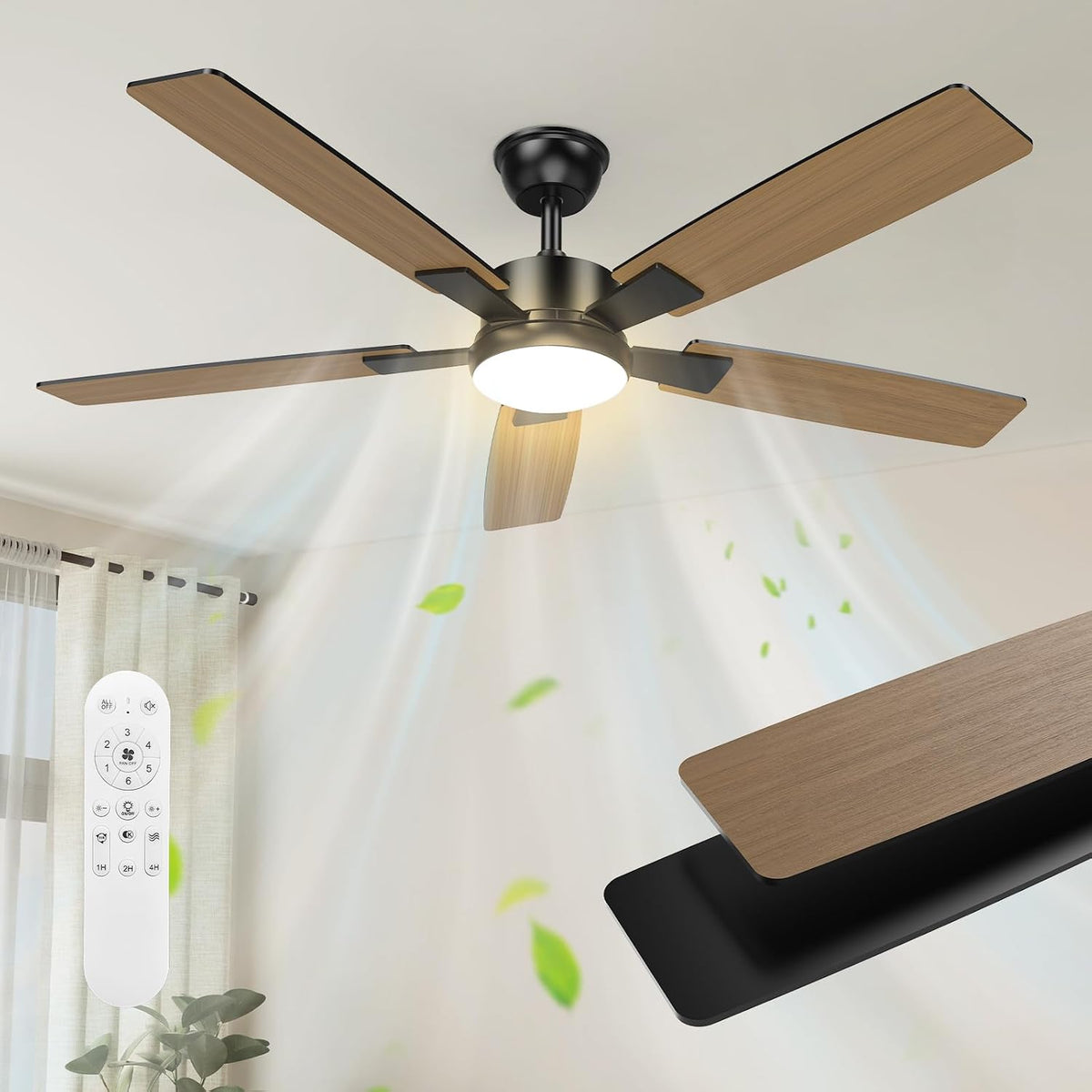 Mefine Deckenventilator, 132 cm, Holz/Schwarz, 2 Farben Umdrehbare Flügel mit Beleuchtung, Große mit Licht und Fernbedienung