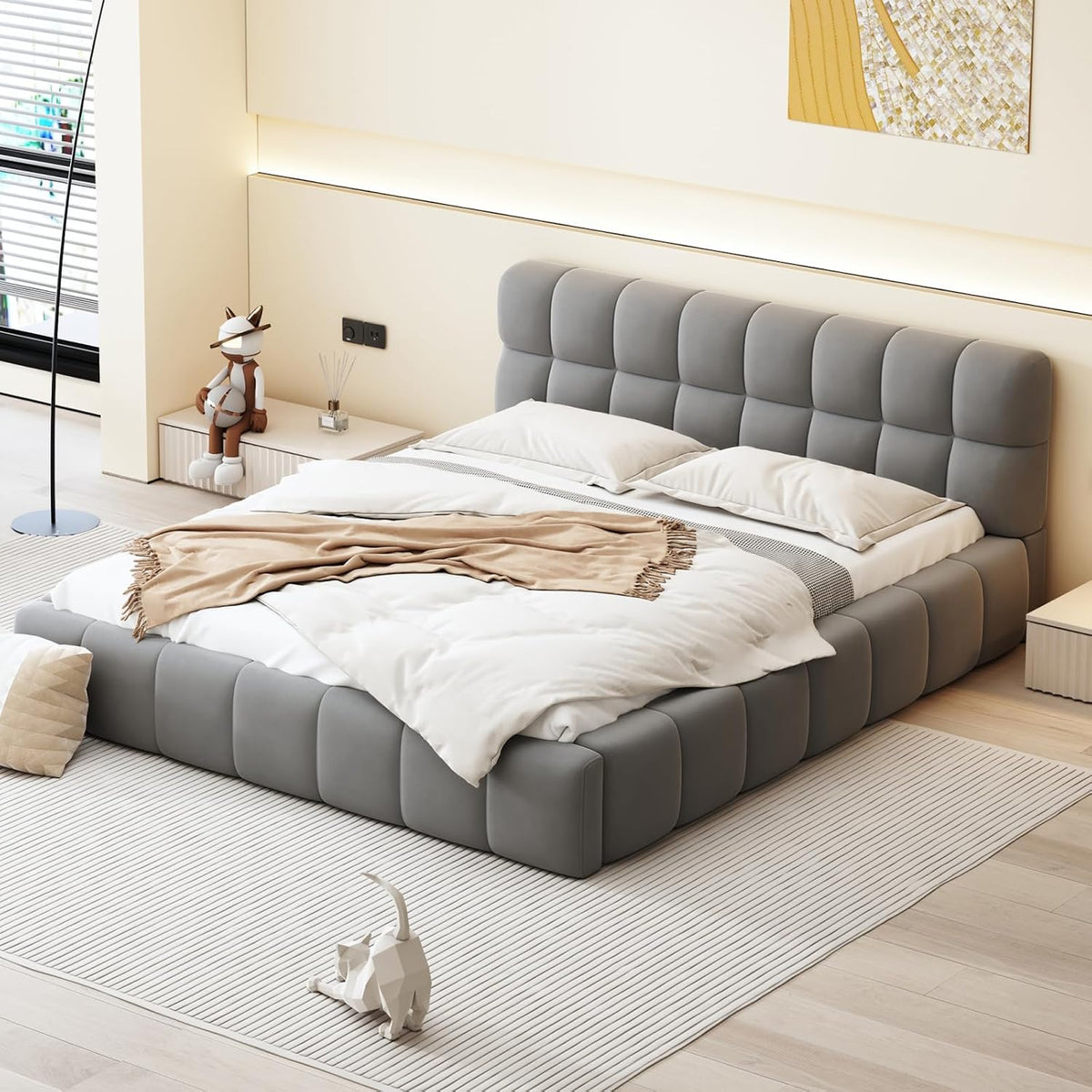 DAHUEN Bett, 160x200 cm, Grau, Polster 160x200 mit Lattenrost, Doppel, Bubble, mit Gepolstertes Kopfteil, Baumwoll- und Leinenmaterial
