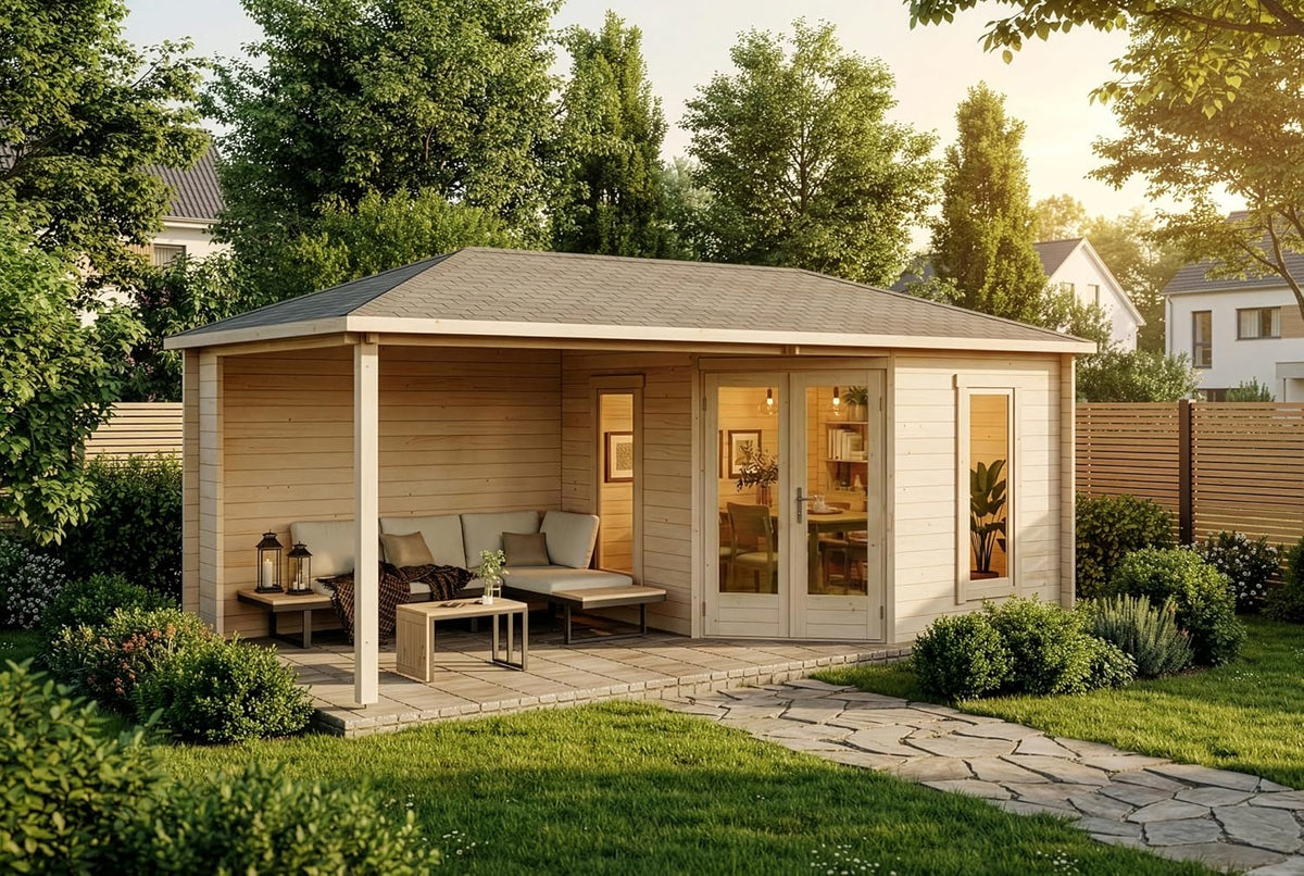 Gerätehaus Alpholz, 595 x 300 cm, 28 mm, Hellbraun/Grau, 5-Eck Gartenhaus Liwa aus Massiv-Holz, mit Wandstärke