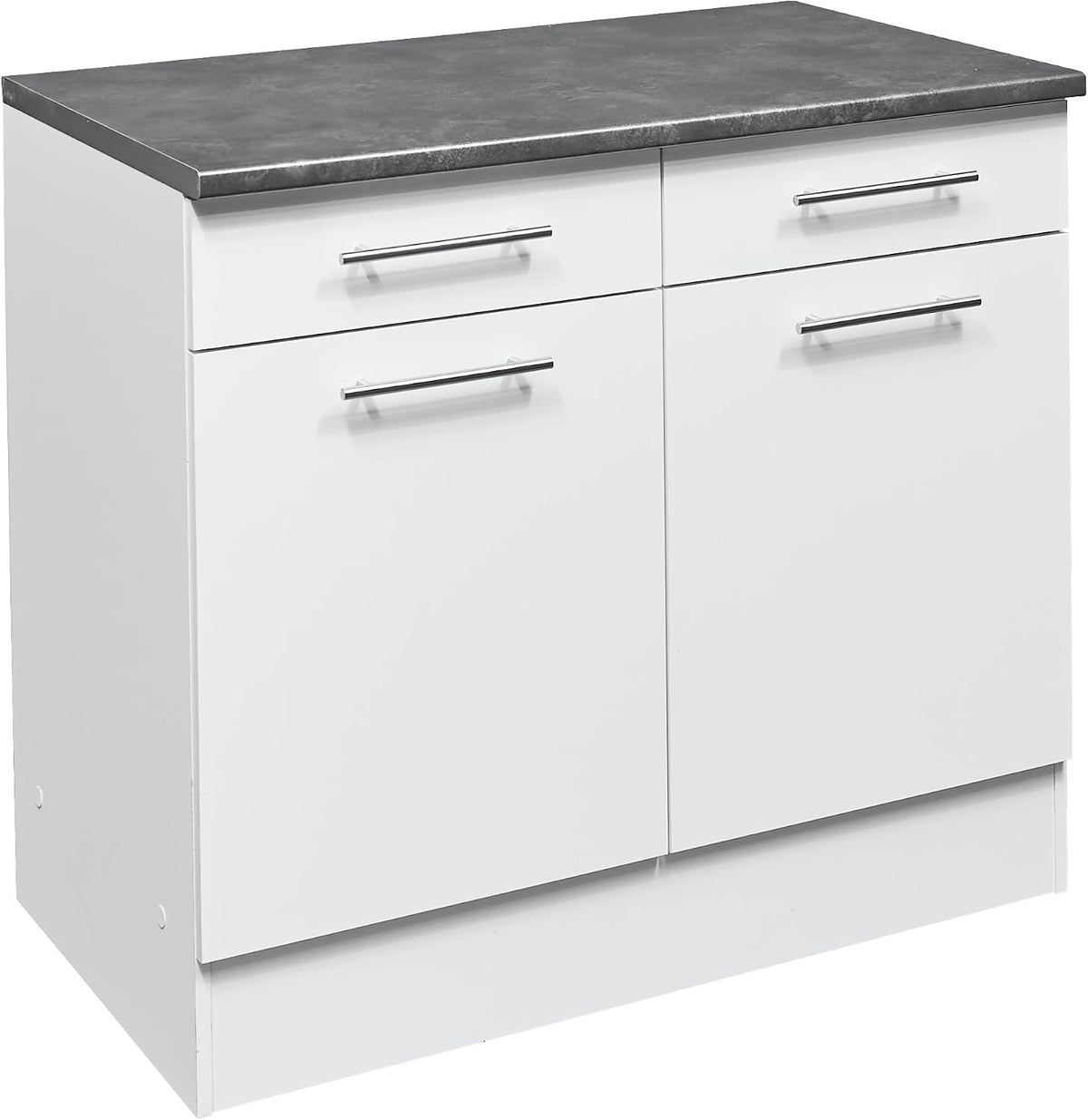möbelando Bett, 100 x 90 x 60 cm, Grau, Eddy Moderner Küchenunterschrank in Weiß matt, Metallic - Geräumiger Unterschrank Küche mit viel Stauraum