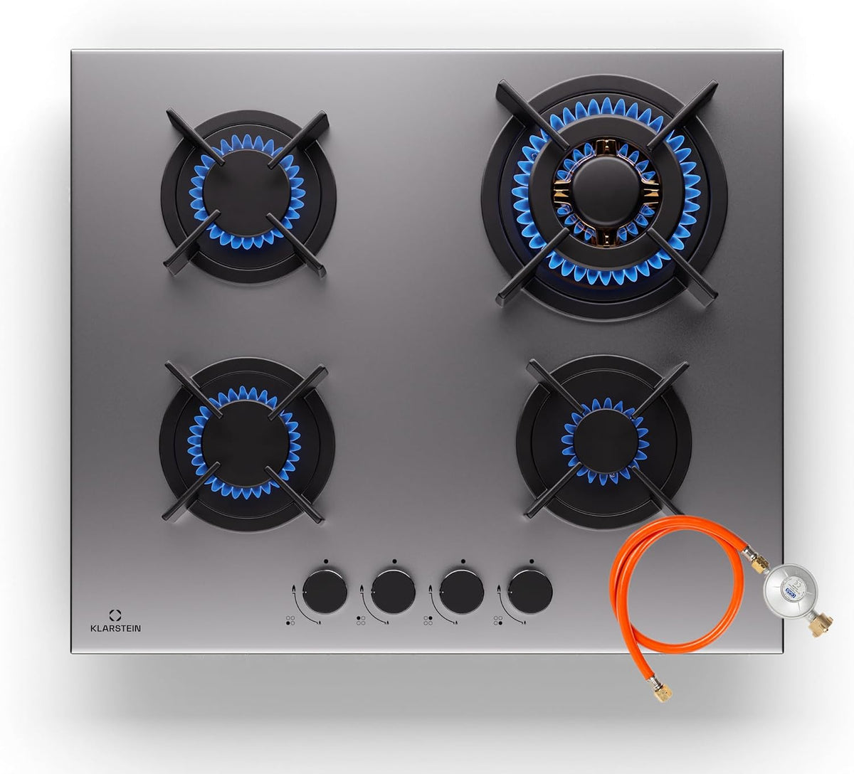 Klarstein Gasherd, 8000 W, Schwarz, Gaskocher 4 Flammig, Einbau-Gaskocher für Innenbereich & Wohnmobil, 4 Flammen e mit Snapjet-Brenner